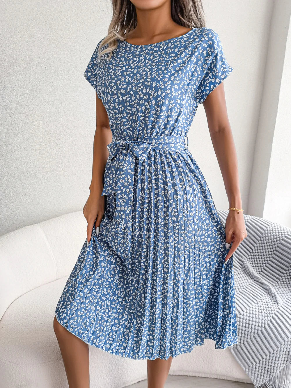 "Women's Floral High Waist A-Line Long Dress - Spring Summer Chic Fashion, Short Sleeve Pleated Maxi Dress"