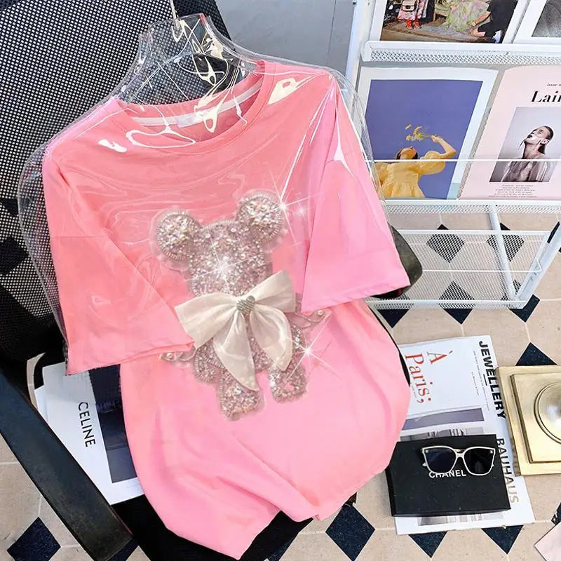 "Plus Size Women's T-Shirt – Shiny Bear Print with Bowknot, Diamond Inlay, Korean Fashion" - Faith Affinity