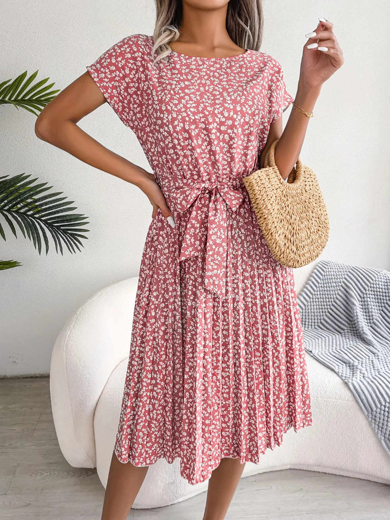 "Women's Floral High Waist A-Line Long Dress - Spring Summer Chic Fashion, Short Sleeve Pleated Maxi Dress"