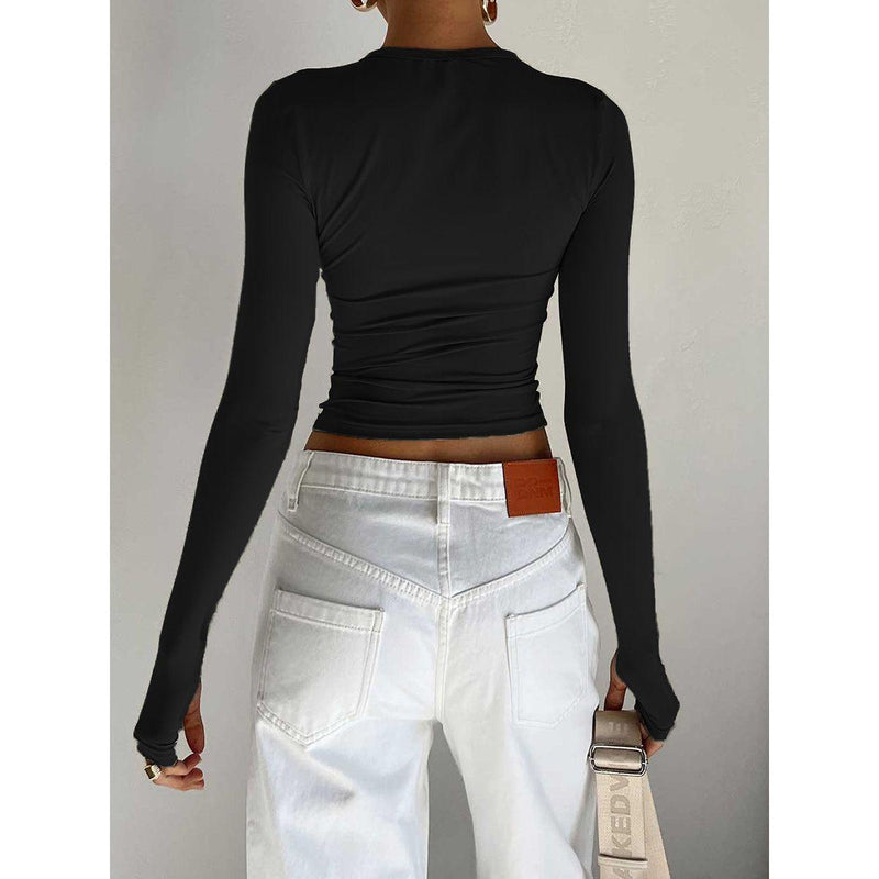 "Women's Long Sleeve Crew Neck Slim Fit Crop Top - Solid Fashion with Thumb Holes for Streetwear and Summer Outfits" - Faith Affinity