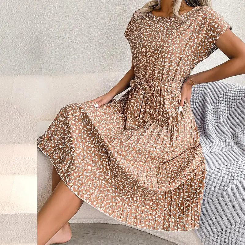 "Women's Floral High Waist A-Line Long Dress - Spring Summer Chic Fashion, Short Sleeve Pleated Maxi Dress"