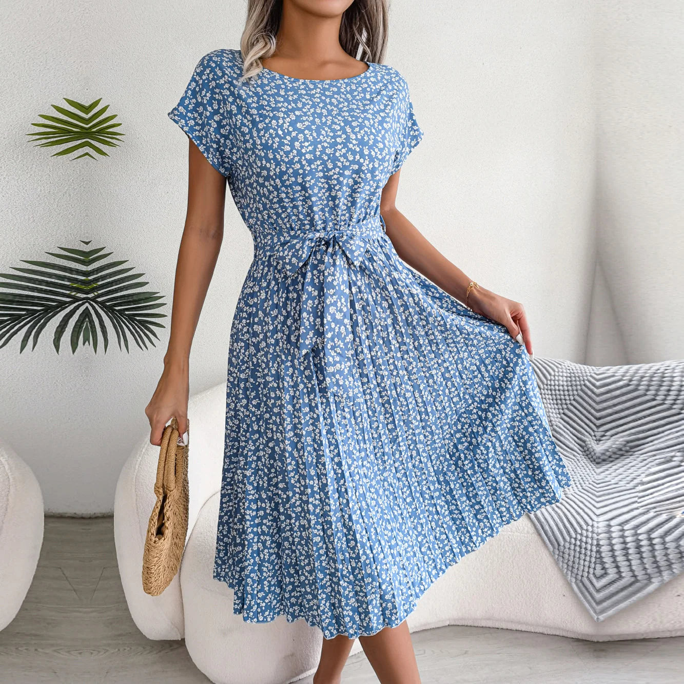 "Women's Floral High Waist A-Line Long Dress - Spring Summer Chic Fashion, Short Sleeve Pleated Maxi Dress"