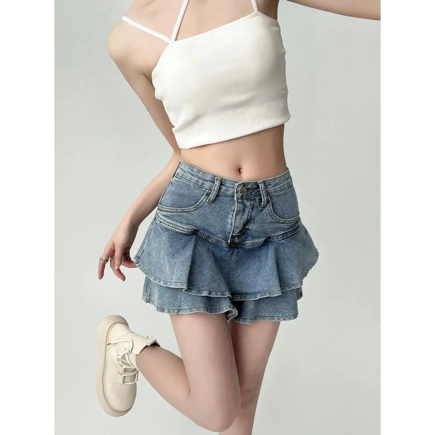 "Women’s High-Waisted Stretch Denim Skirt – Anti-Slip Double Denim Slimming A-Line Cake Skirt" - Faith Affinity