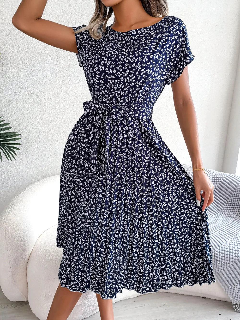 "Women's Floral High Waist A-Line Long Dress - Spring Summer Chic Fashion, Short Sleeve Pleated Maxi Dress"