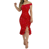 "Women's Sexy Summer Off-Shoulder Dress - Short Sleeve Sequin Ruffle Chiffon Dress with Irregular Hem" - Faith Affinity