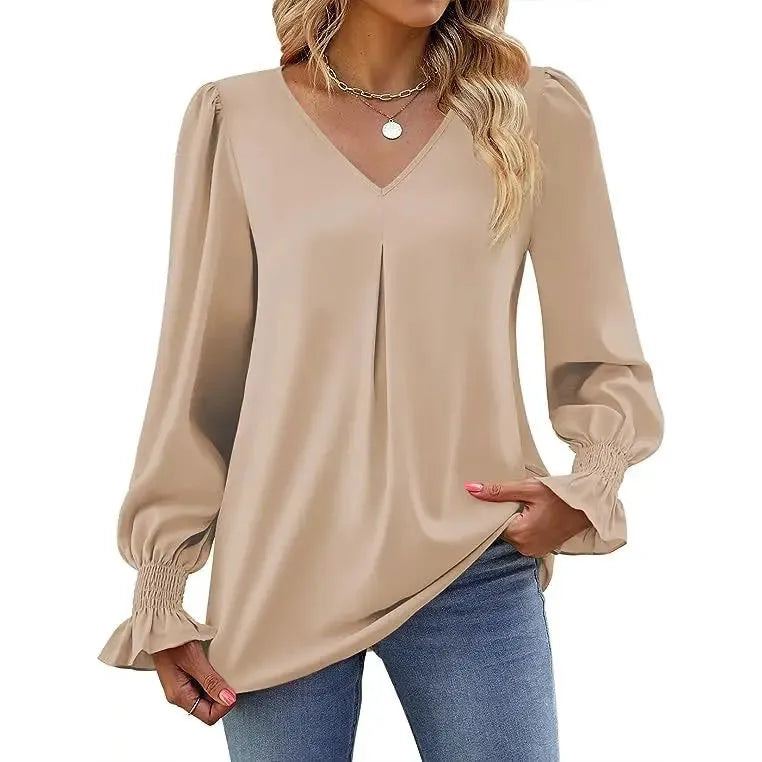 "Women’s Solid Color Chiffon Shirt – V-Neck Pullover Flared Long Sleeves Office Blouse in Elegant Khaki" - Faith Affinity