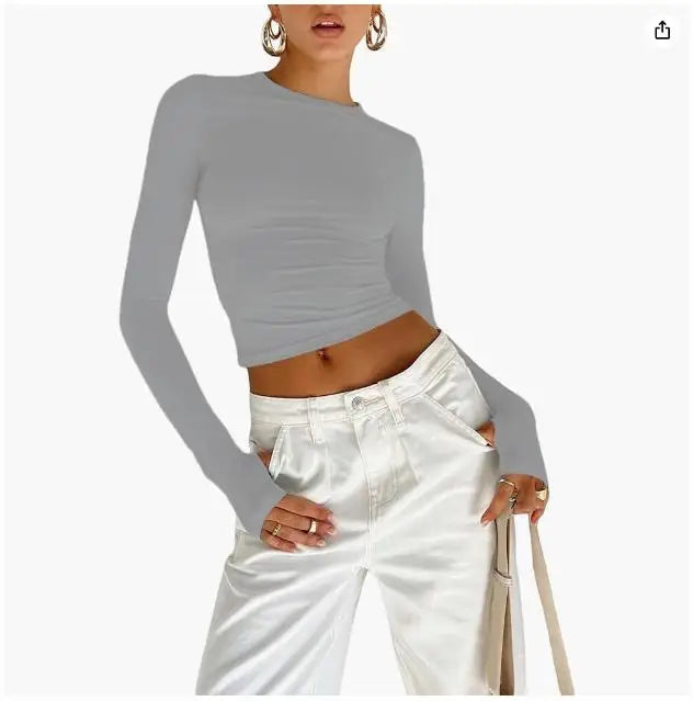 "Women's Long Sleeve Crew Neck Slim Fit Crop Top - Solid Fashion with Thumb Holes for Streetwear and Summer Outfits"