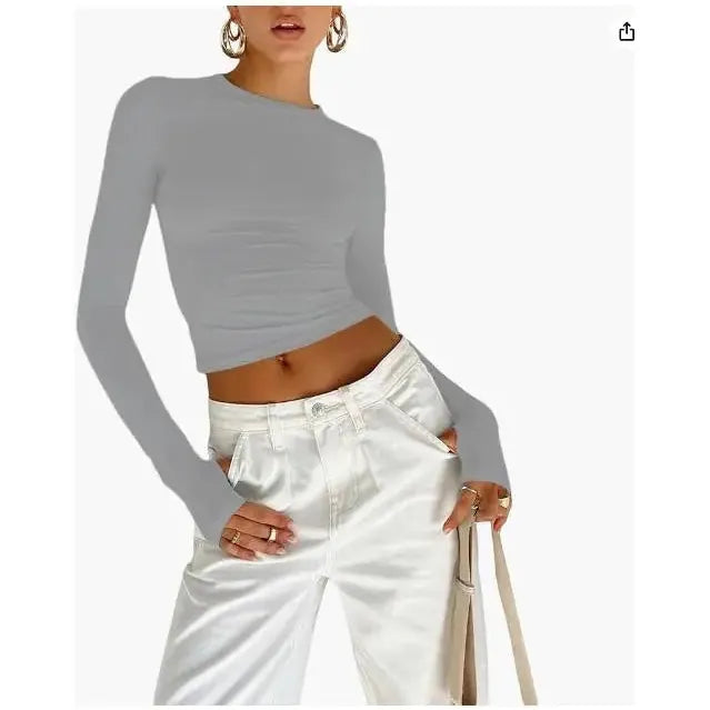 "Women's Long Sleeve Crew Neck Slim Fit Crop Top - Solid Fashion with Thumb Holes for Streetwear and Summer Outfits" - Faith Affinity