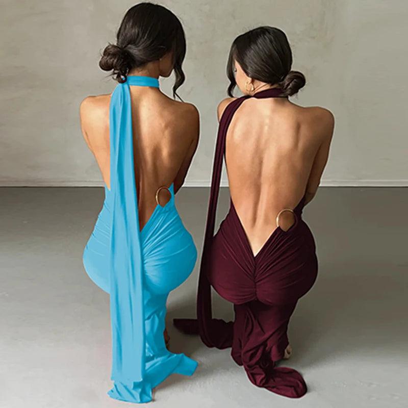 Hugcitar 2025 Women’s One-Shoulder Backless Ruched Maxi Dress - Sexy Adjustable Y2K Streetwear Festival Outfit - Faith Affinity