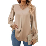 "Women’s Solid Color Chiffon Shirt – V-Neck Pullover Flared Long Sleeves Office Blouse in Elegant Khaki" - Faith Affinity