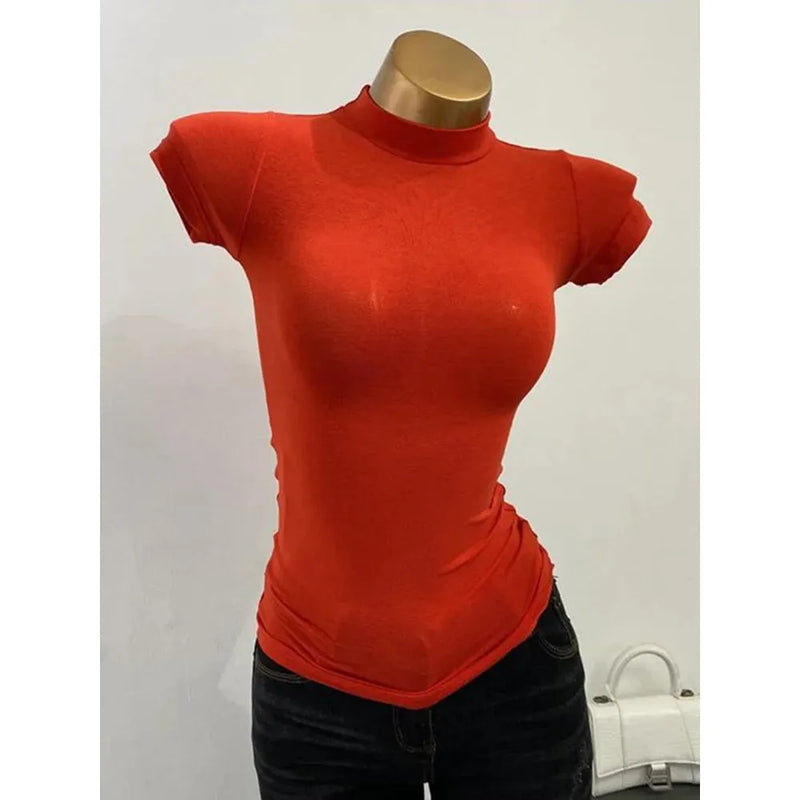 "Women's Half-High Collar Slim Fit T-Shirt - Korean Transparent Short Sleeve Elastic Solid Bottoming Shirt, Sexy Fashion Top" - Faith Affinity