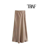 TRAF-Women's Flowing Satin Midi Skirt, High Waist With Elastic Waistband, Female Skirts, Chic Fashion - Faith Affinity