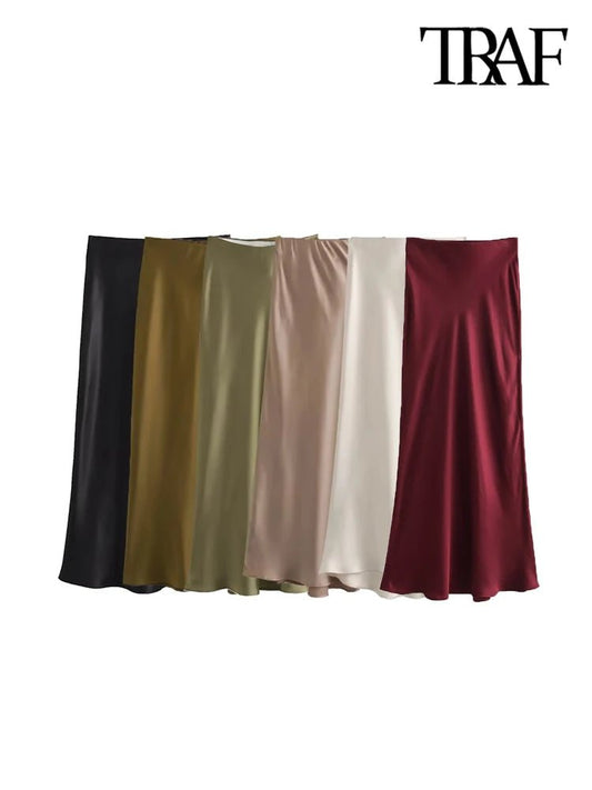 TRAF - Women's Flowing Satin Midi Skirt, High Waist With Elastic Waistband, Female Skirts, Chic Fashion - Faith Affinity