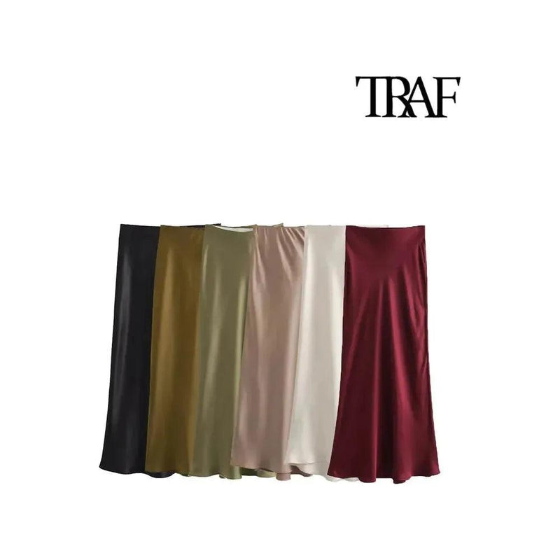 TRAF-Women's Flowing Satin Midi Skirt, High Waist With Elastic Waistband, Female Skirts, Chic Fashion - Faith Affinity