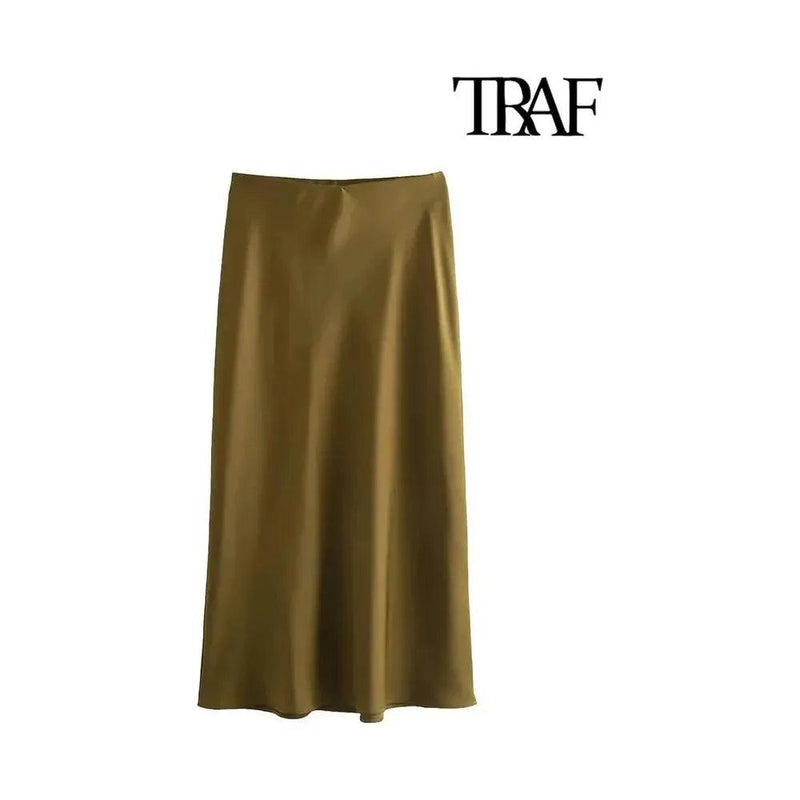 TRAF-Women's Flowing Satin Midi Skirt, High Waist With Elastic Waistband, Female Skirts, Chic Fashion - Faith Affinity