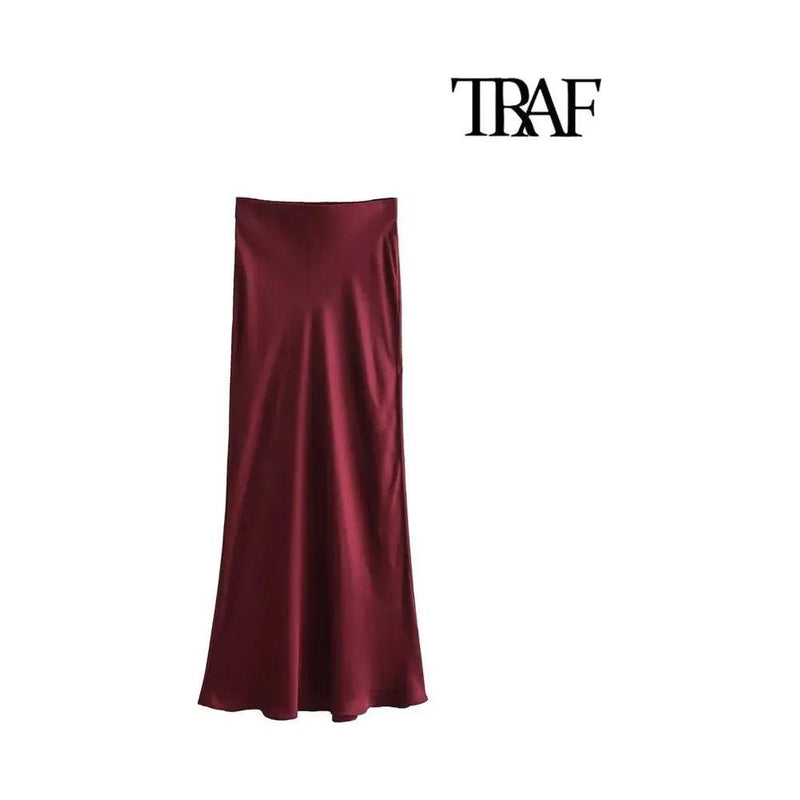 TRAF-Women's Flowing Satin Midi Skirt, High Waist With Elastic Waistband, Female Skirts, Chic Fashion - Faith Affinity