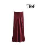 TRAF-Women's Flowing Satin Midi Skirt, High Waist With Elastic Waistband, Female Skirts, Chic Fashion - Faith Affinity