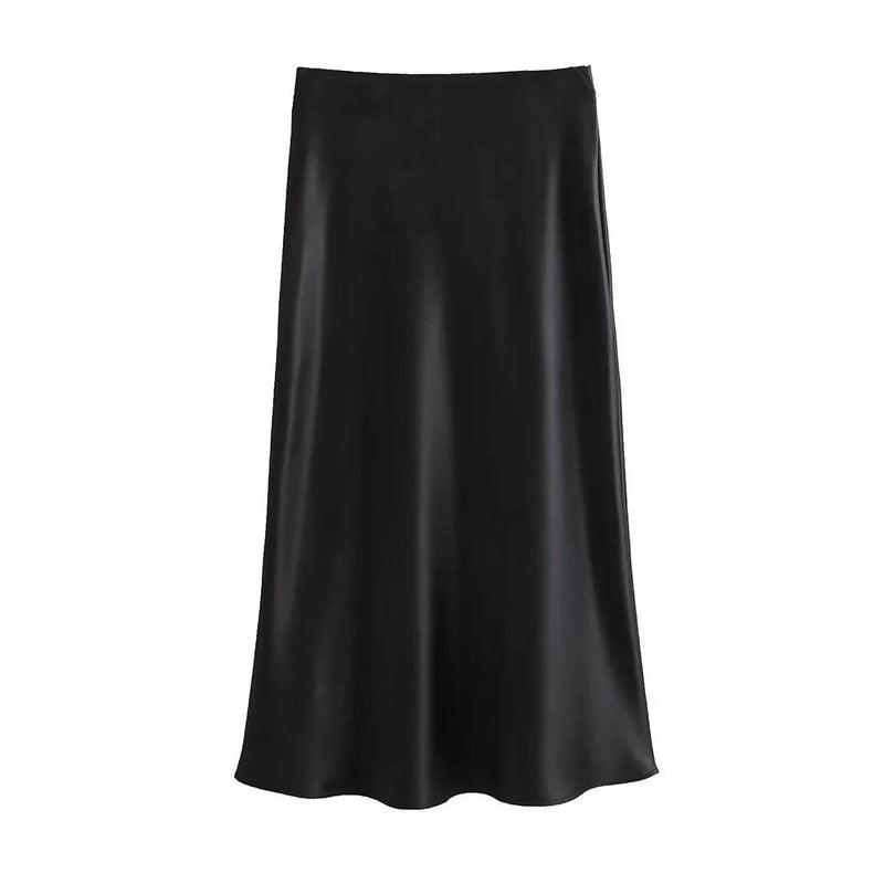 TRAF-Women's Flowing Satin Midi Skirt, High Waist With Elastic Waistband, Female Skirts, Chic Fashion - Faith Affinity