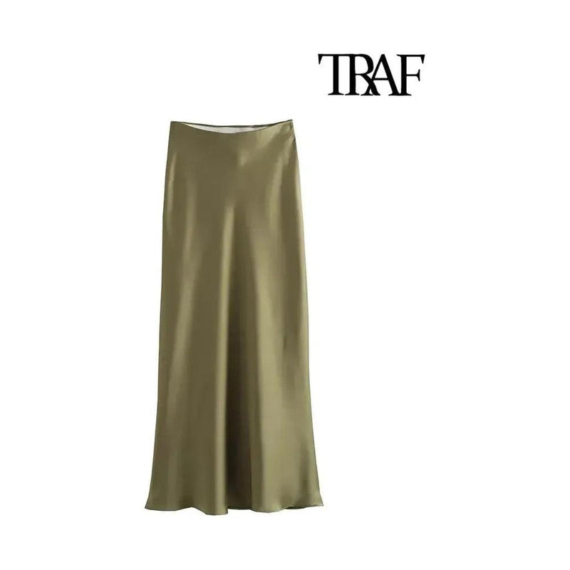 TRAF-Women's Flowing Satin Midi Skirt, High Waist With Elastic Waistband, Female Skirts, Chic Fashion - Faith Affinity