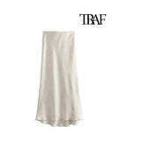 TRAF-Women's Flowing Satin Midi Skirt, High Waist With Elastic Waistband, Female Skirts, Chic Fashion - Faith Affinity