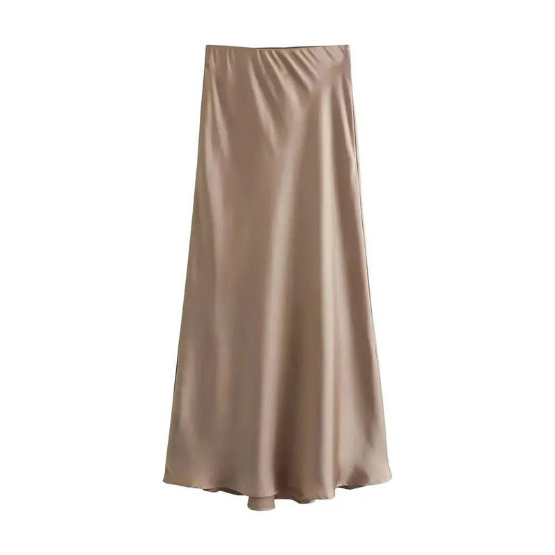 TRAF-Women's Flowing Satin Midi Skirt, High Waist With Elastic Waistband, Female Skirts, Chic Fashion - Faith Affinity