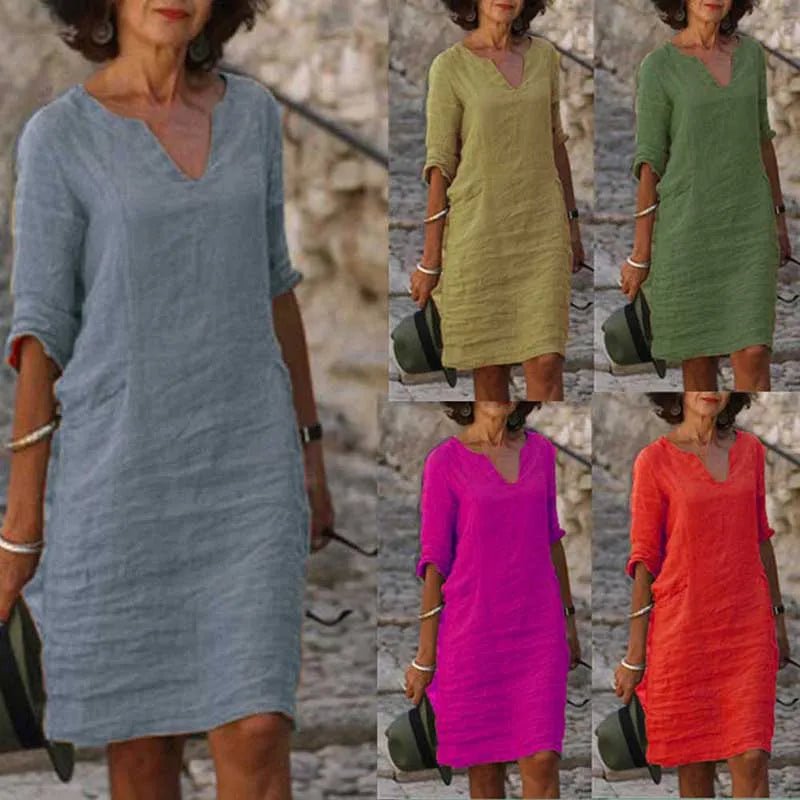 Vintage Women Solid Mini Dress Summer Fashion V - neck Three Quater Sleeve Cotton Linen Dress Ladies Casual Holiday Vestidos - Faith Affinity