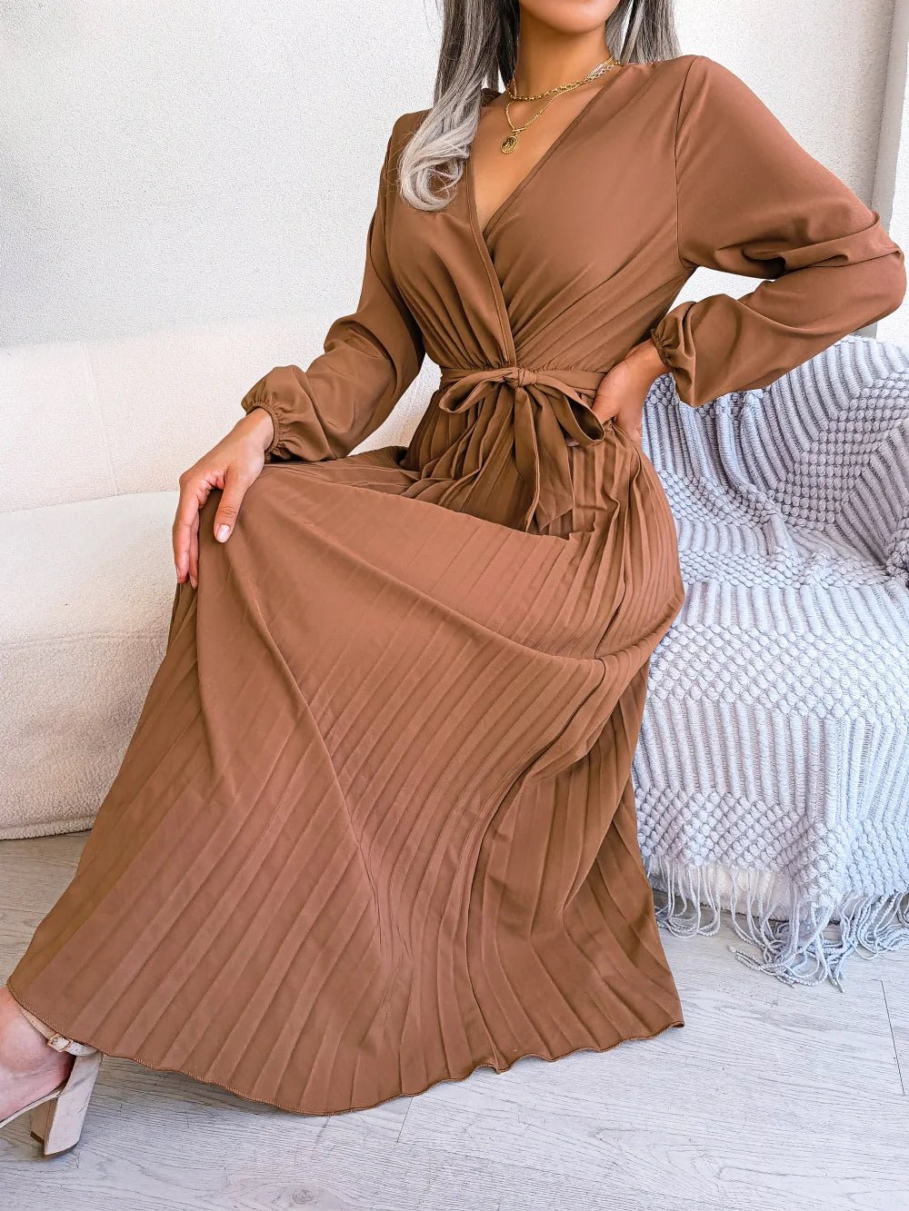 Women Elegant V Neck Long Sleeve Pleated Maxi Dress - Faith Affinity