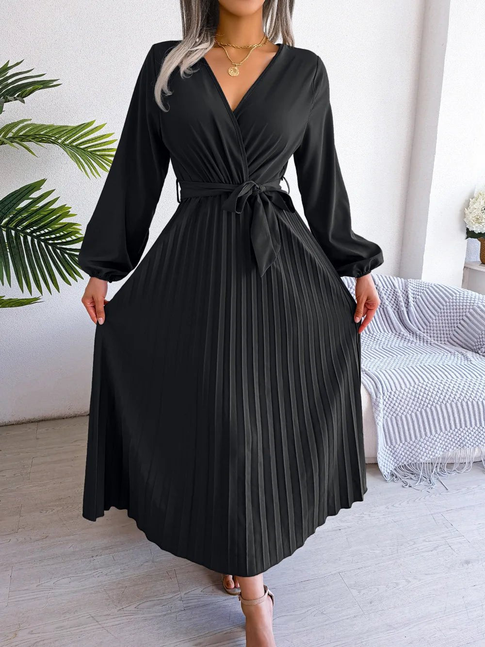 Women Elegant V Neck Long Sleeve Pleated Maxi Dress - Faith Affinity