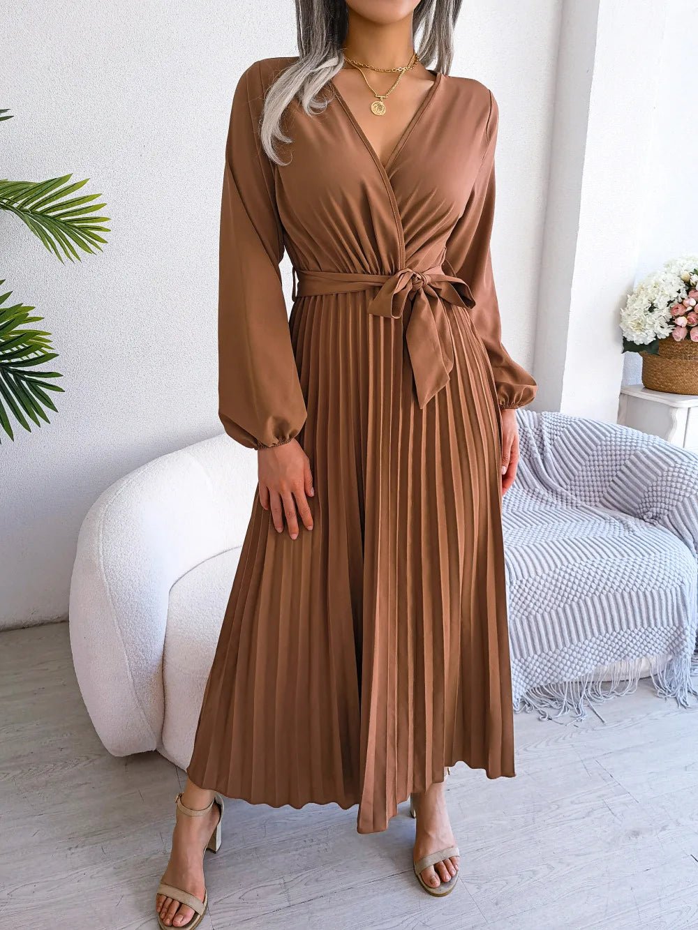 Women Elegant V Neck Long Sleeve Pleated Maxi Dress - Faith Affinity