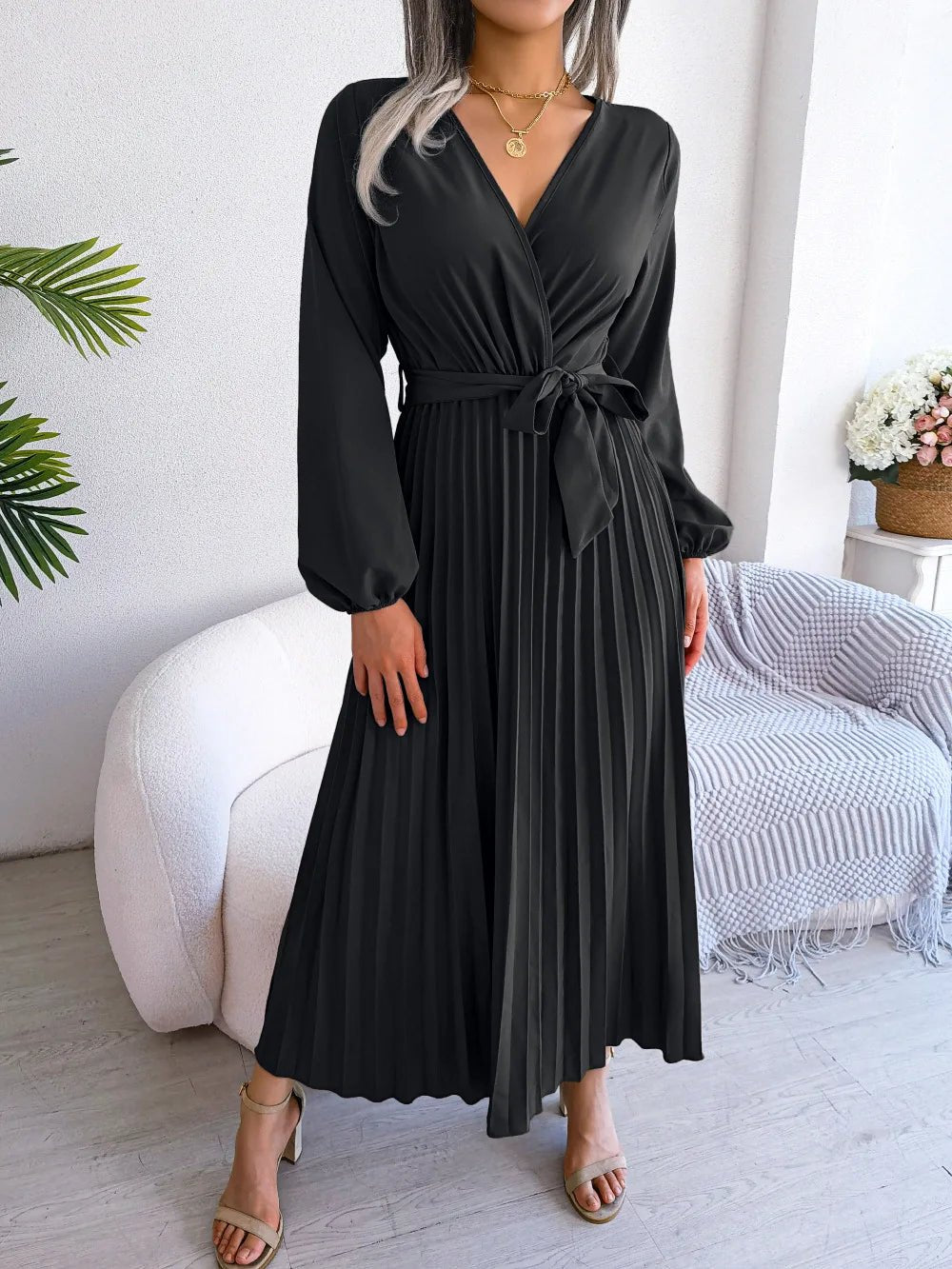 Women Elegant V Neck Long Sleeve Pleated Maxi Dress - Faith Affinity