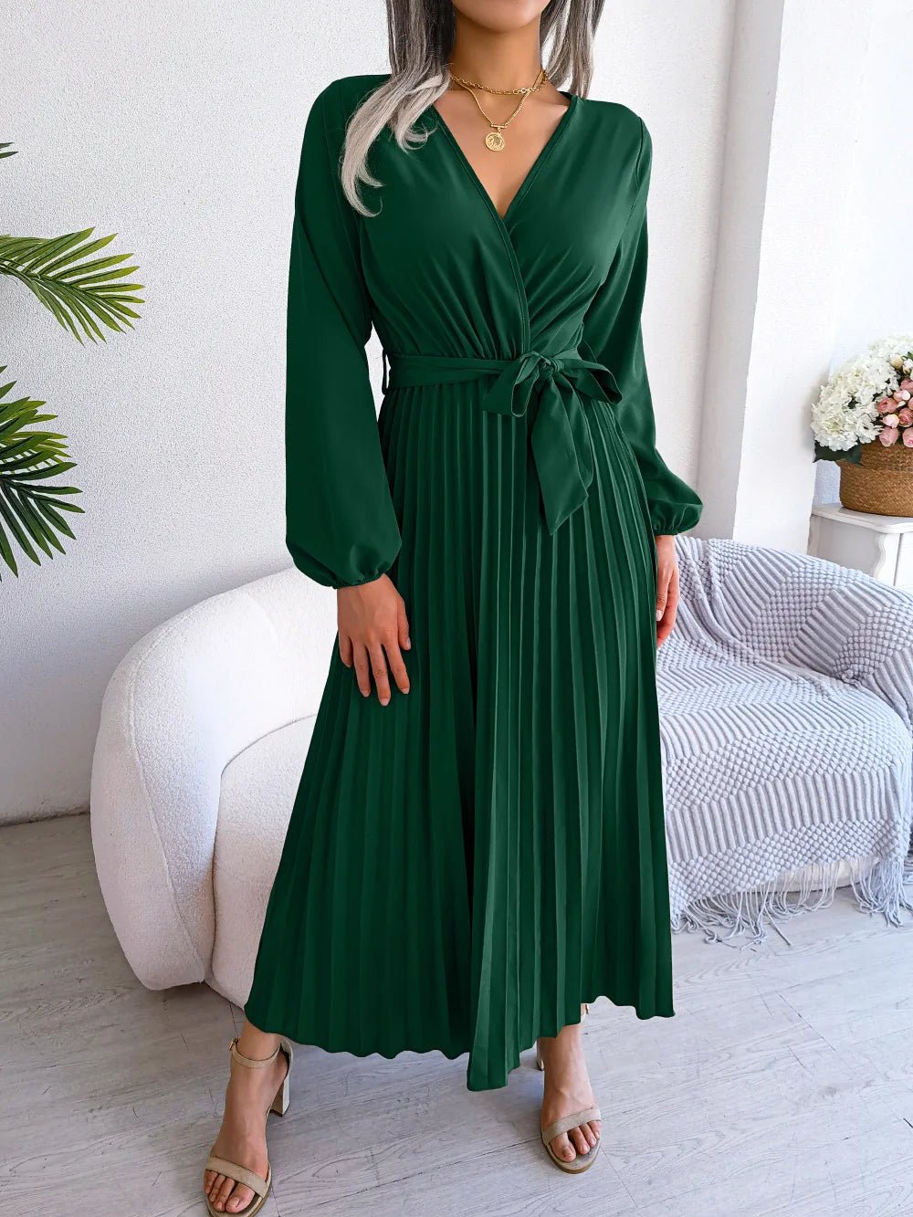 Women Elegant V Neck Long Sleeve Pleated Maxi Dress - Faith Affinity