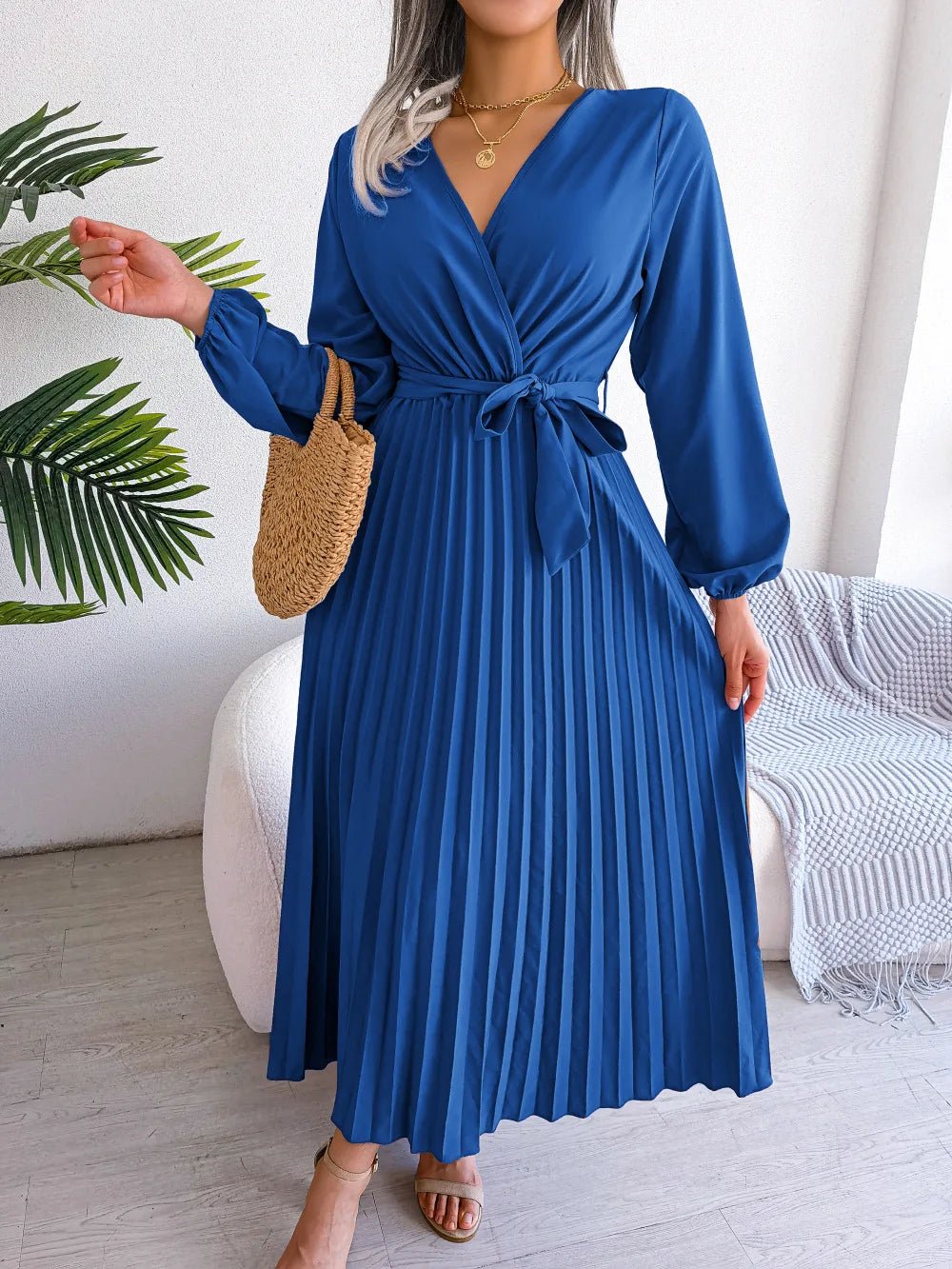 Women Elegant V Neck Long Sleeve Pleated Maxi Dress - Faith Affinity