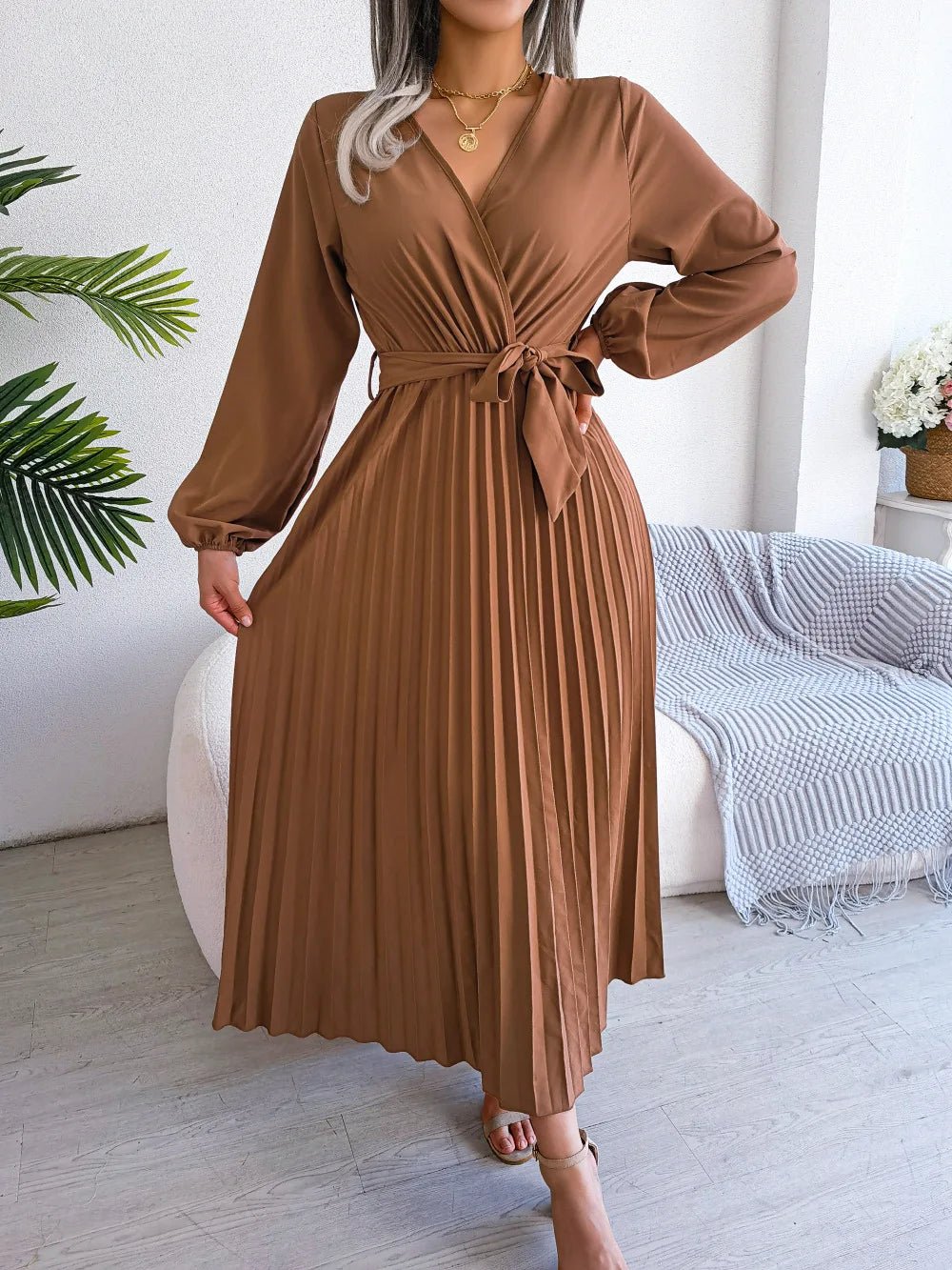 Women Elegant V Neck Long Sleeve Pleated Maxi Dress - Faith Affinity