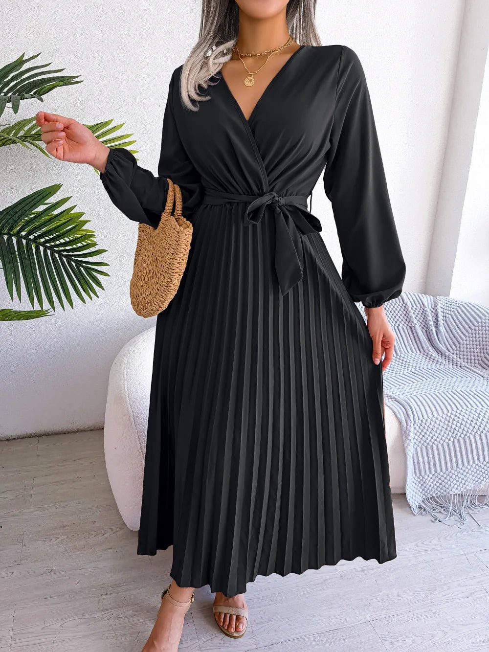 Women Elegant V Neck Long Sleeve Pleated Maxi Dress - Faith Affinity