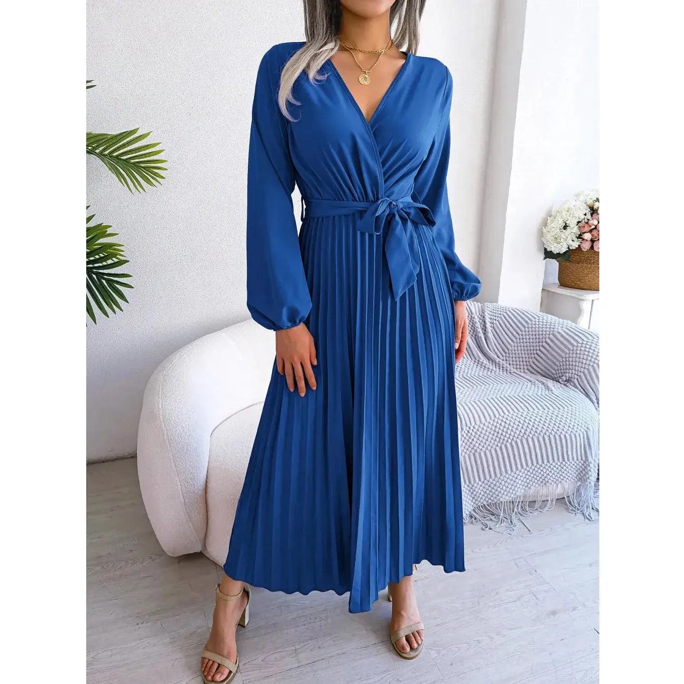 Women Elegant V Neck Long Sleeve Pleated Maxi Dress - Faith Affinity