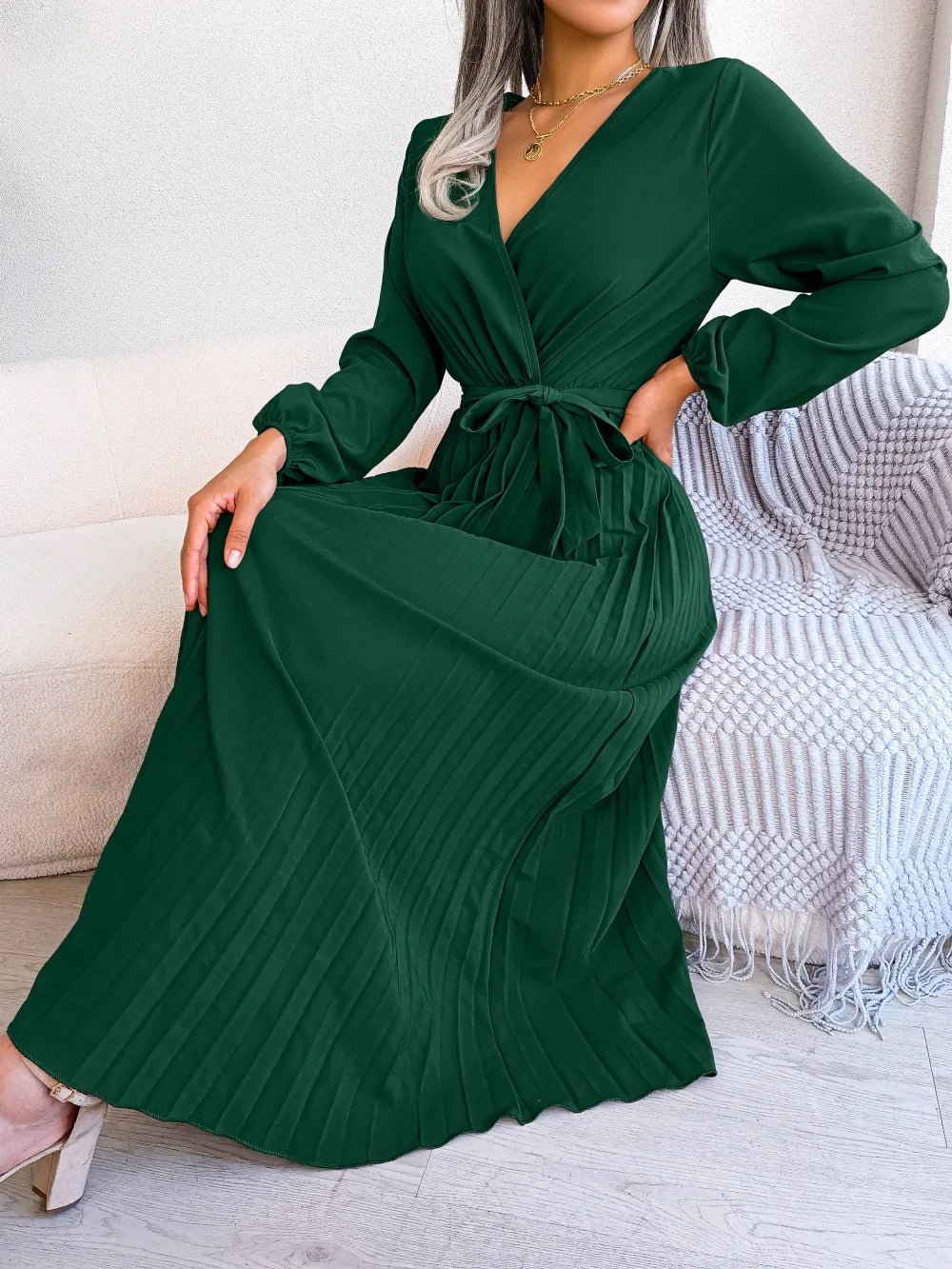 Women Elegant V Neck Long Sleeve Pleated Maxi Dress - Faith Affinity