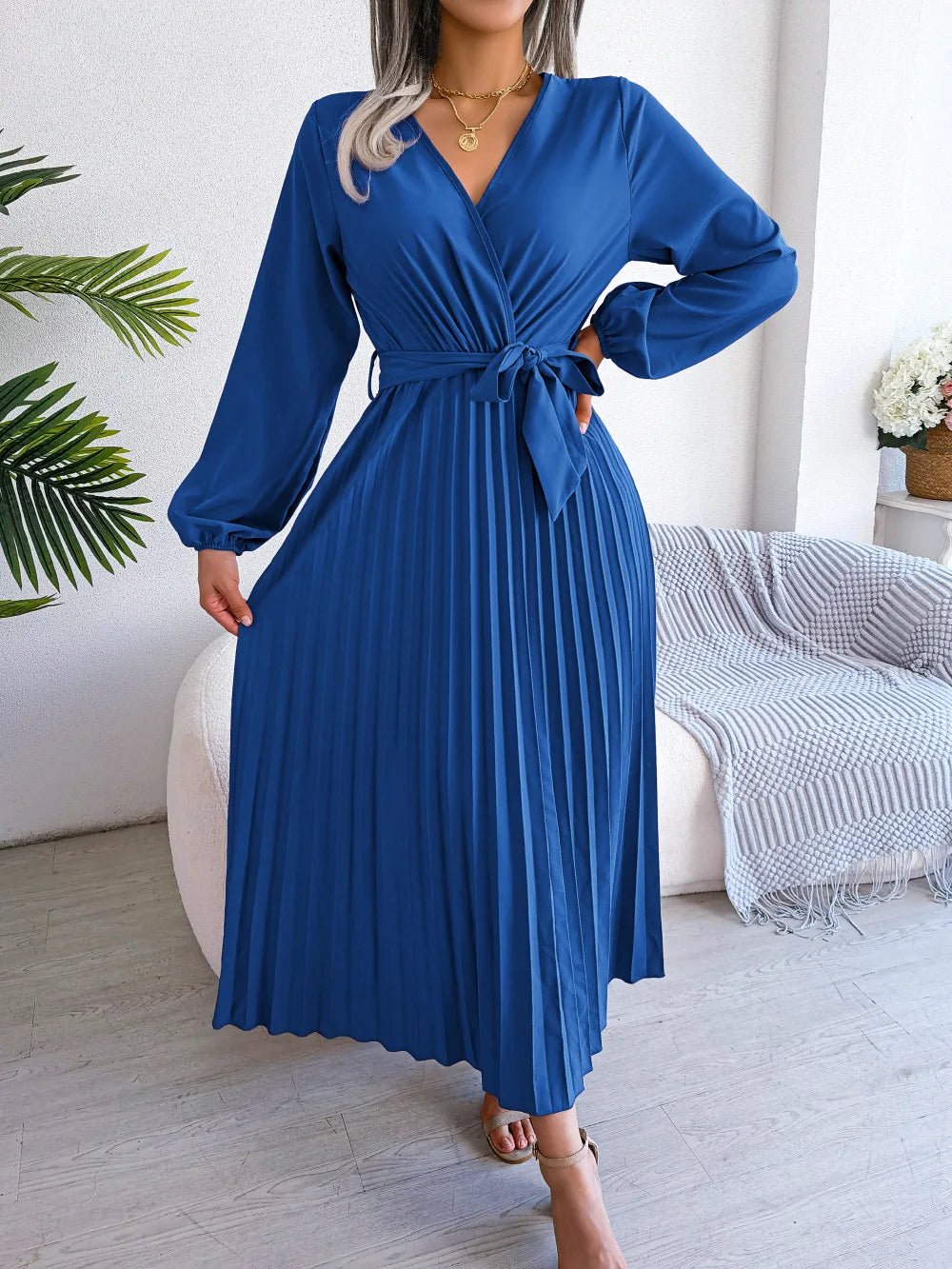 Women Elegant V Neck Long Sleeve Pleated Maxi Dress - Faith Affinity