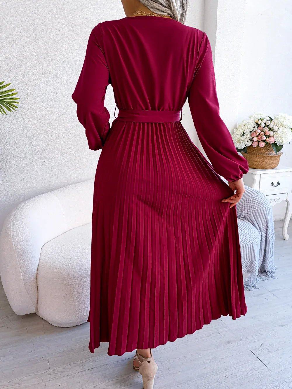 Women Elegant V Neck Long Sleeve Pleated Maxi Dress - Faith Affinity