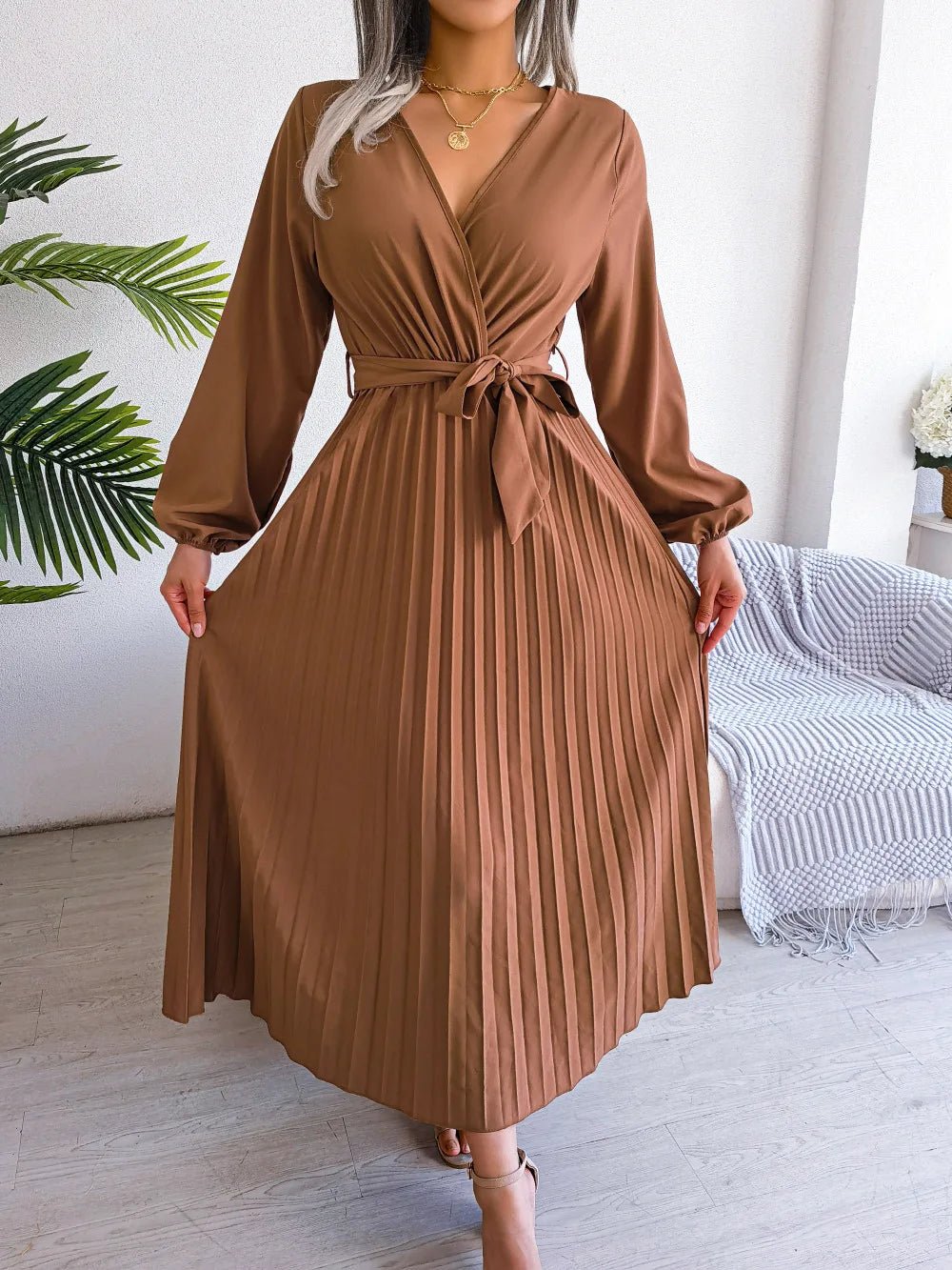 Women Elegant V Neck Long Sleeve Pleated Maxi Dress - Faith Affinity