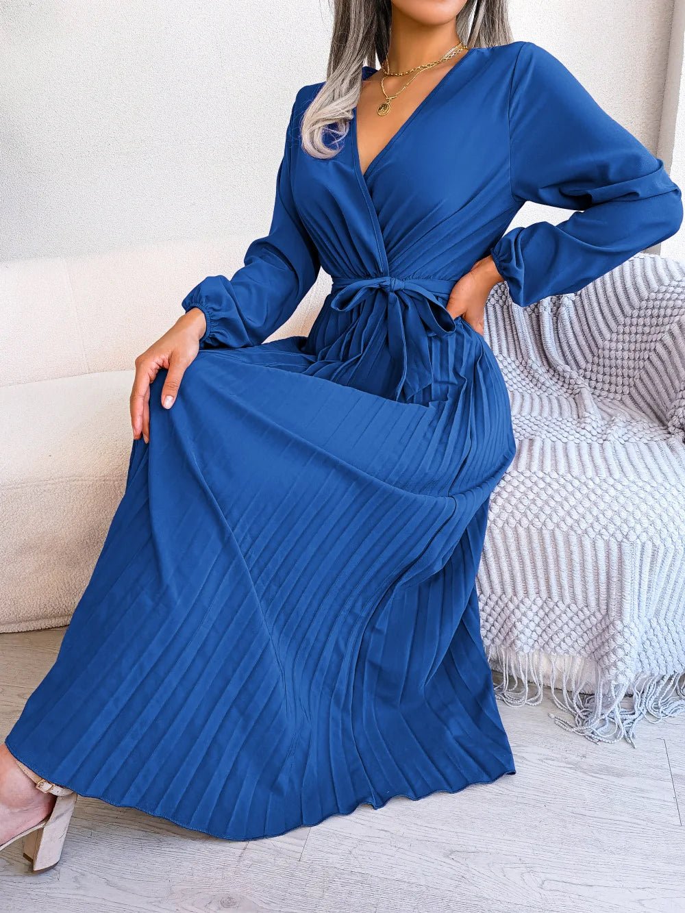 Women Elegant V Neck Long Sleeve Pleated Maxi Dress - Faith Affinity