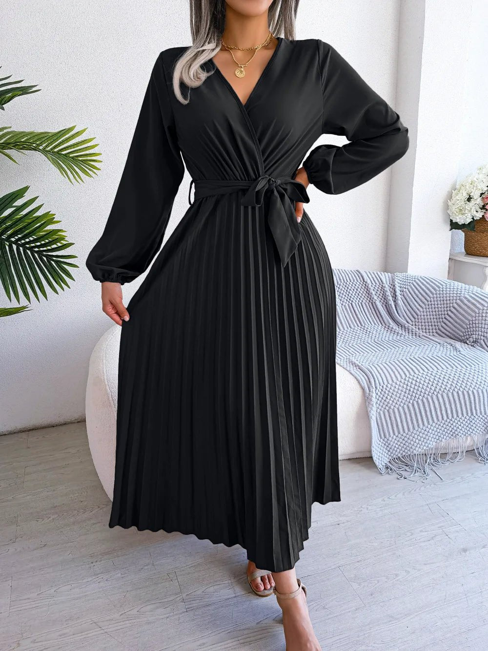 Women Elegant V Neck Long Sleeve Pleated Maxi Dress - Faith Affinity