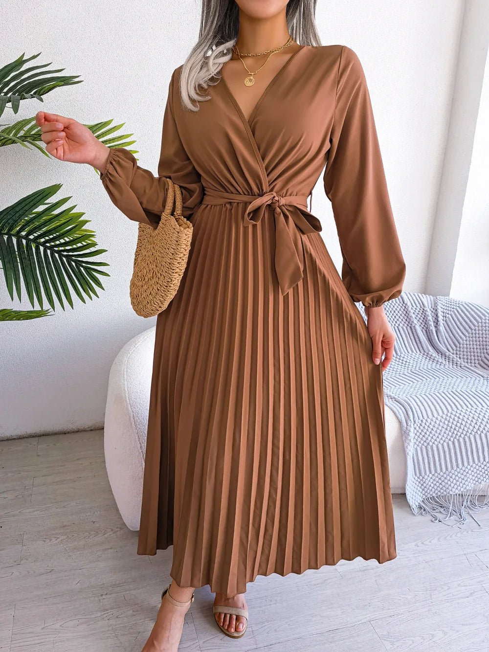 Women Elegant V Neck Long Sleeve Pleated Maxi Dress - Faith Affinity