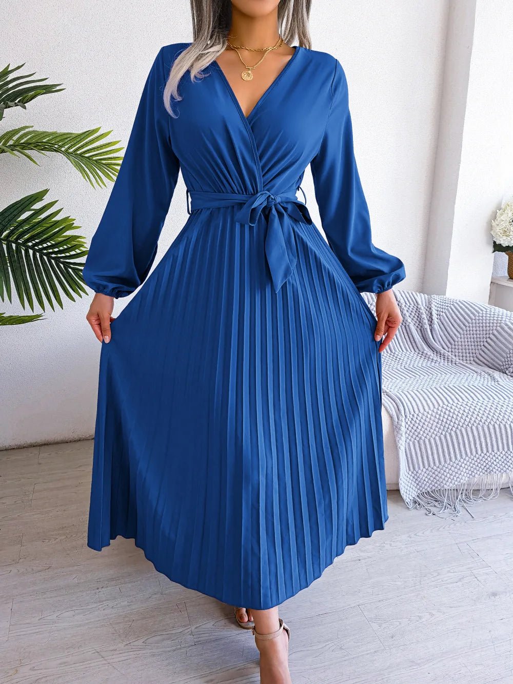 Women Elegant V Neck Long Sleeve Pleated Maxi Dress - Faith Affinity