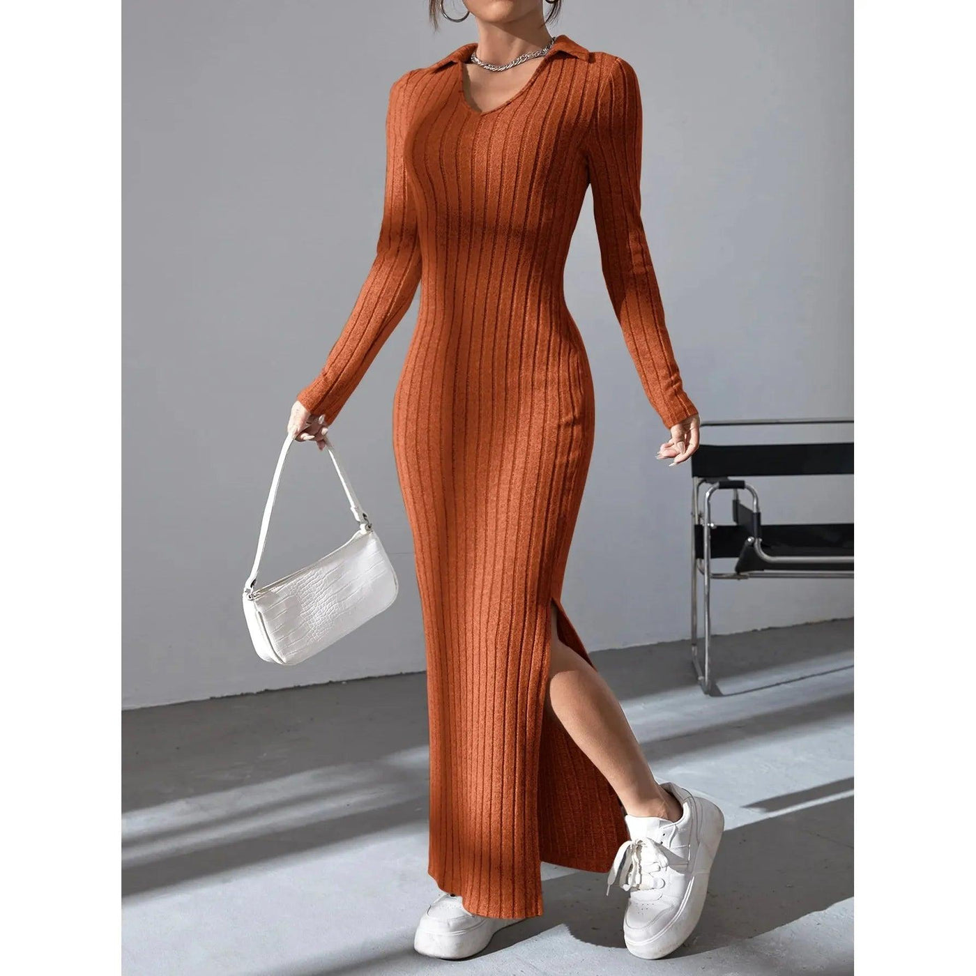 Women sexy knit V-neck reverse neck split dress autumn winter full sleeve elastic basic body sweater - Faith Affinity