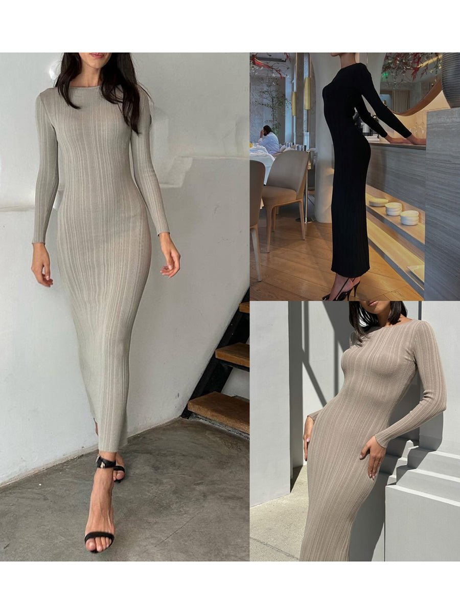 Women Spring Autumn Solid Color Bodycon Knit Dress Long Sleeve Crew Neck Ribbed Dress Slim Fit Long Dress - Faith Affinity