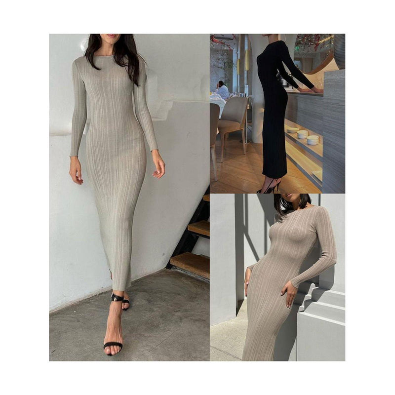 Women Spring Autumn Solid Color Bodycon Knit Dress Long Sleeve Crew Neck Ribbed Dress Slim Fit Long Dress - Faith Affinity