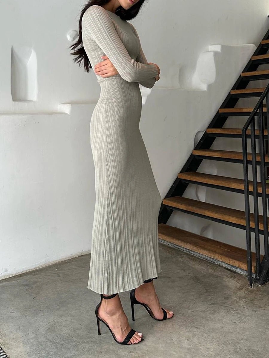 Women Spring Autumn Solid Color Bodycon Knit Dress Long Sleeve Crew Neck Ribbed Dress Slim Fit Long Dress - Faith Affinity