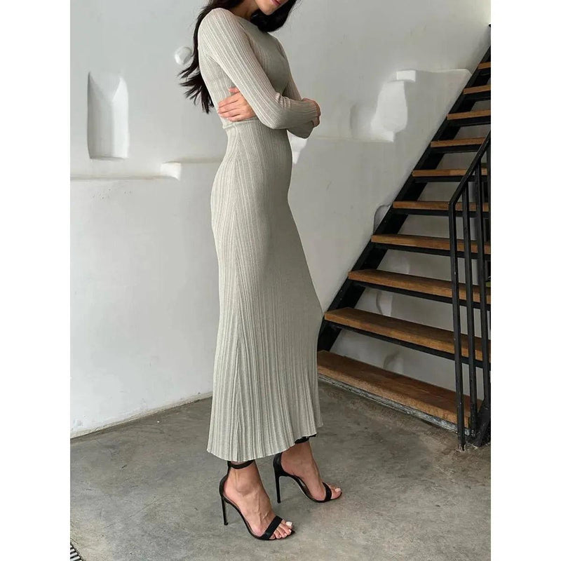 Women Spring Autumn Solid Color Bodycon Knit Dress Long Sleeve Crew Neck Ribbed Dress Slim Fit Long Dress - Faith Affinity