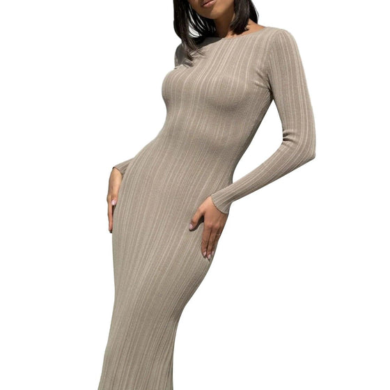 Women Spring Autumn Solid Color Bodycon Knit Dress Long Sleeve Crew Neck Ribbed Dress Slim Fit Long Dress - Faith Affinity