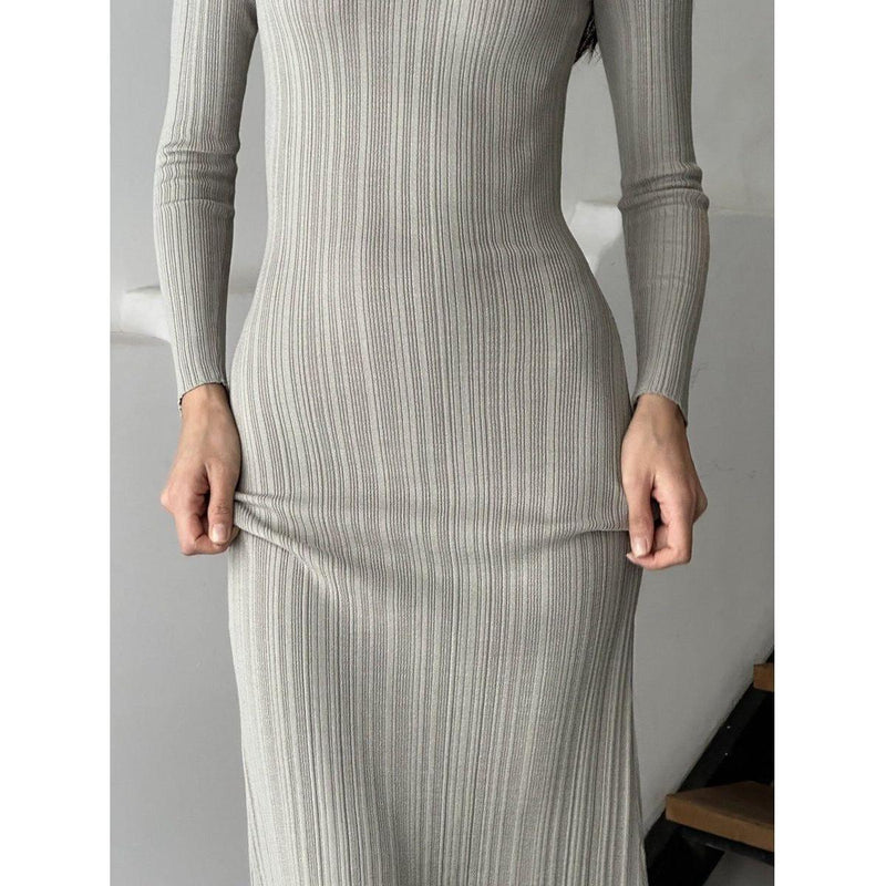 Women Spring Autumn Solid Color Bodycon Knit Dress Long Sleeve Crew Neck Ribbed Dress Slim Fit Long Dress - Faith Affinity